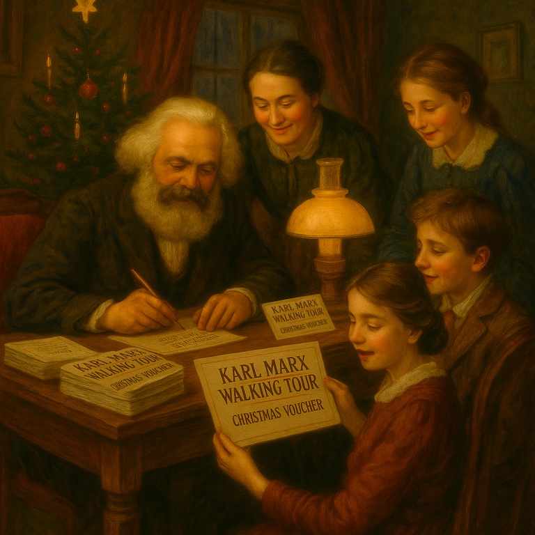 Karl Marx and family preparing Christmas vouchers